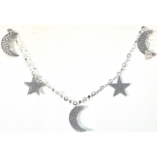 حبل زينة رمضان بتصميم هلال ونجوم, باللون الفضي اللامع