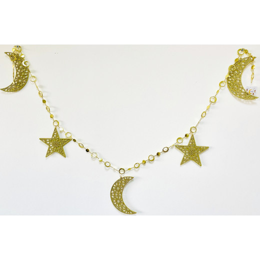 حبل زينة رمضان بتصميم هلال ونجوم, باللون الذهبي اللامع