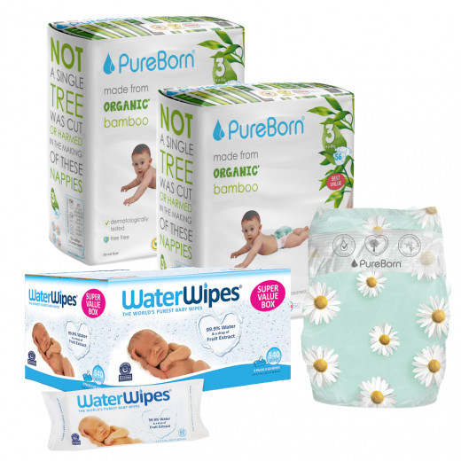 Pure Born Organic Nappy Size 3, Daisy Print, 56 Nappies+ Water Wipes Baby Wipes Sensitive Newborn Skin, 540 Wipes