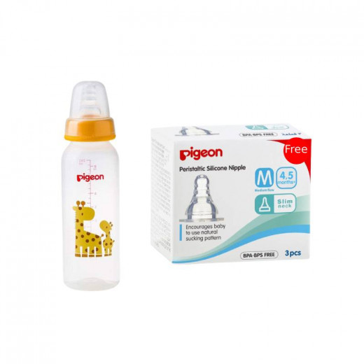 Pigeon Decorated Bottle - (Slim Neck) 240ml 1PC - Orange, + Pigeon Silicone Nipple S-TYPE (M) 3PC in a Box For Free