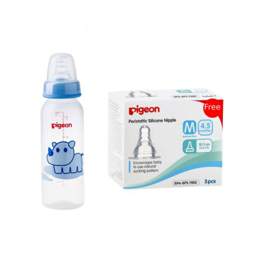 Pigeon Decorated Bottle - (Slim Neck) 240ml 1PC - Blue +  Silicone Nipple S-TYPE (M) 3PC in a Box For Free