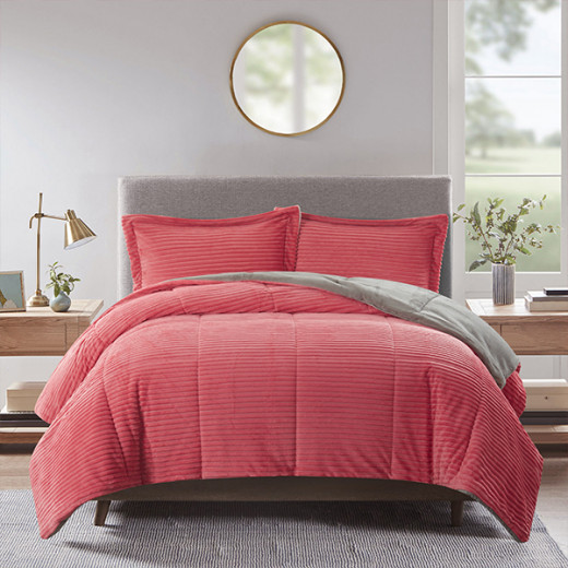 Nova home campo cordroy flannel winter comforter set - single/twin - rose  3 pcs