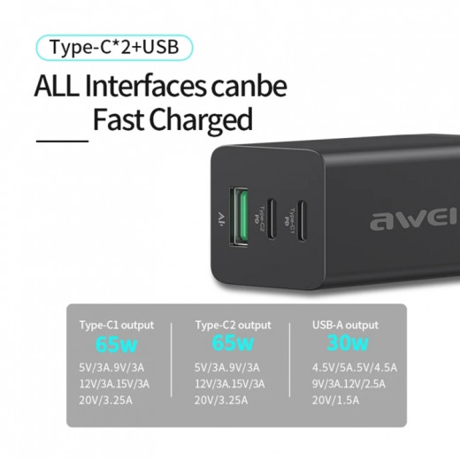 awei PD9 65W ثنائي النوع C / USB-C + USB GaN سريع