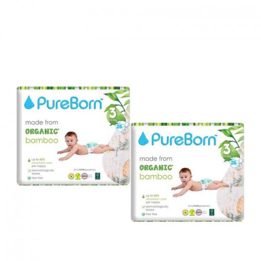 Pure Born Organic Nappies Single Pack, Tropic Design, Size 3, 5.5-8 Kg, 28 Pieces, 2 Packs