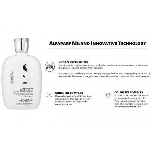 Alfaparf Milano Semi Di Lino Diamond Shine Illuminating Low Shampoo 250ml- Sulfate Free - For Normal Hair - Paraben and Paraffin Free - Safe on Color Treated Hair