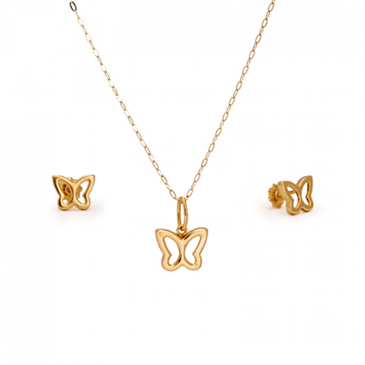 simple butterfly gold set of stud earrings and necklace