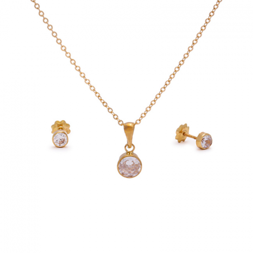 classic round gold and zircon set of pendent with chain and stud earrings