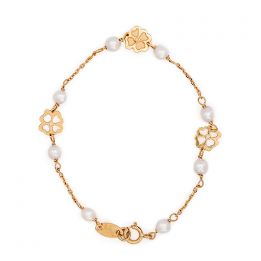 triple flowers gold bracelet with fresh water pearls